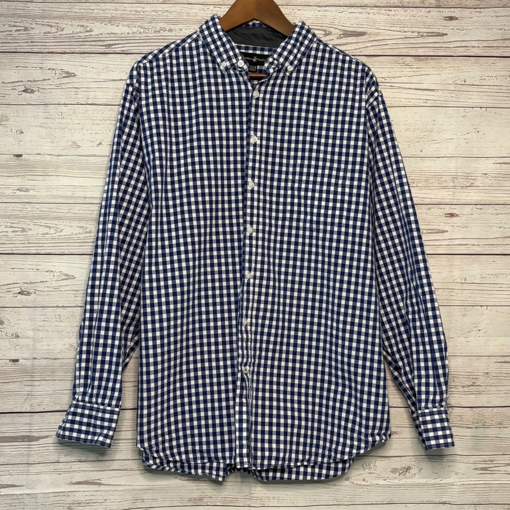 Beverly Hills Polo Club Mens 2XLB Gingham Button Down Shirt Navy Blue‎ White